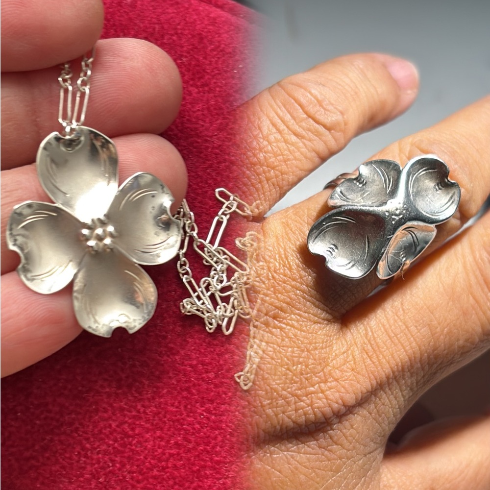 Vintage Dogwood Sterling Silver Ring & Pendant Necklace Lot FIRM